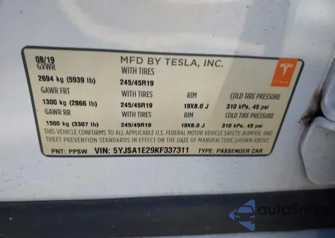 2019 Tesla Model S 100D/75D/Long Range/Standard Range из США, поврежденный, VIN 5YJSA1E29KF337311